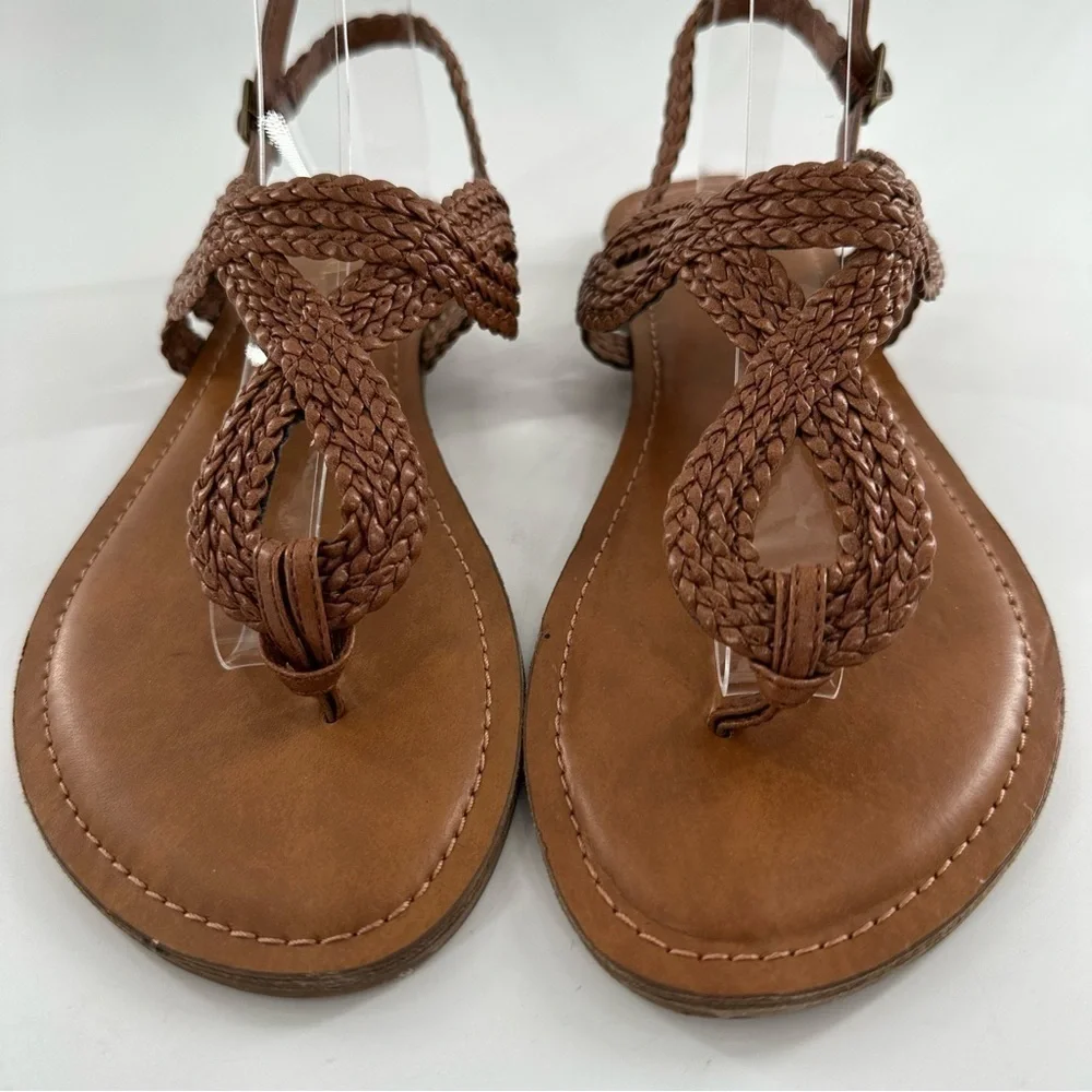 Merona sandals size 7 tan faux leather braided  T-strap vegan boho festival